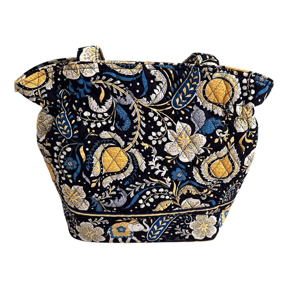 Vera Bradley Elephant Ellie Blue Quilted Tote Shoulder Bag Navy‎ Blue Yellow